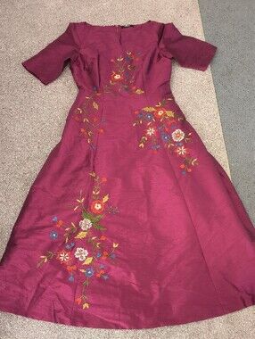 Women's eshakti Magenta/ Burgundy Floral Embroidered Pocketed Lined Dress